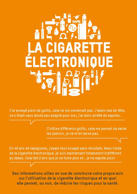 Dépliant d'informations utiles en vue de construire un avis sur l'utilisation de la e-cigarette, et en quoi elle permet ou non de réduire les risques pour la santé.  Décembre 2016  Ce dépliant existe aussi en néerlandais (http://www.vrgt.be/goto.php?id=67d16d00201083a2b118dd5128dd6f59&type=docs), disponible auprès de la VRGT (http://www.vrgt.be/).   Feuilleter le dépliant https://issuu.com/samuelpiret/docs/ecigarette